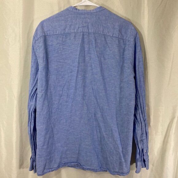H&M Mens Shirt Large Linen-blend Band Collar Blue Long Sleeve Button Up Casual - Picture 2 of 8